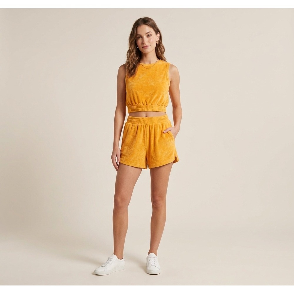 Monrow Lounge Set Women Size M Yellow Excellent Terry Cloth Crop Top Shorts